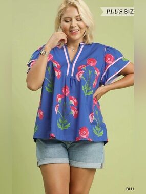 New! Umgee Cotton Plus Size Blue Floral V-Neck Women’s Top Size 2X